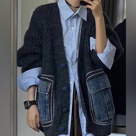 Fashion V Neck Denim Pocket Knitted Sweater Loose Cardigan Jacket oversized - Picture 3 of 11